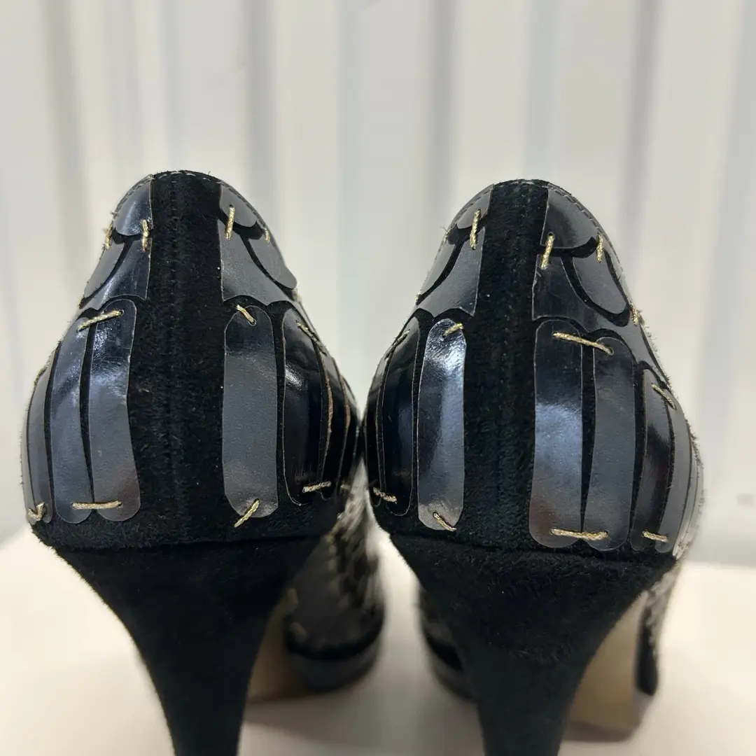 ROBERTO CAVALLI 鱼鳞金属银色黑色麂皮绒露趾高跟鞋 39.5 码-