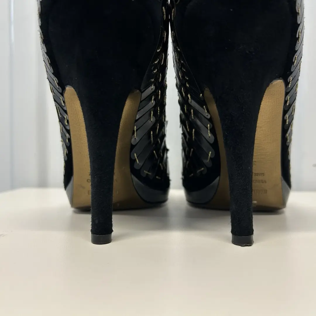 ROBERTO CAVALLI 鱼鳞金属银色黑色麂皮绒露趾高跟鞋 39.5 码-