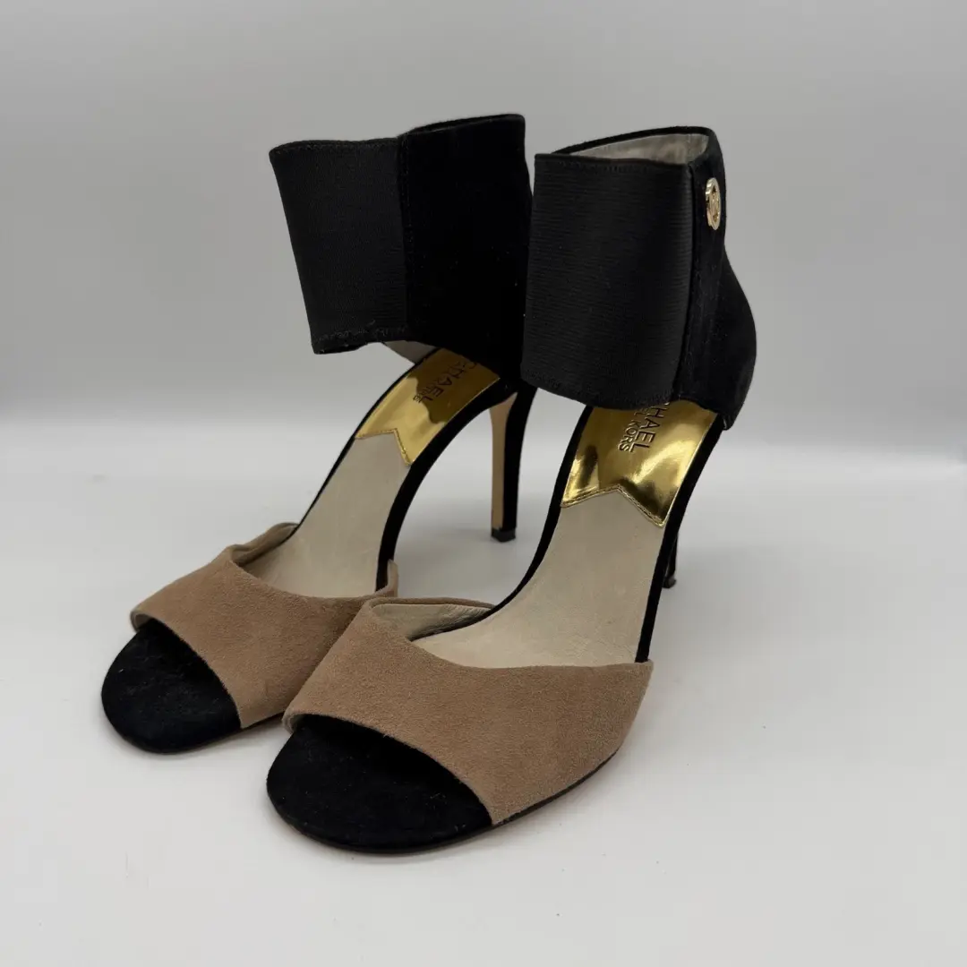 Michael Kors Sivian 黑色棕褐色麂皮绒踝带 d'Orsay 靴子高跟鞋女式 9.5M-