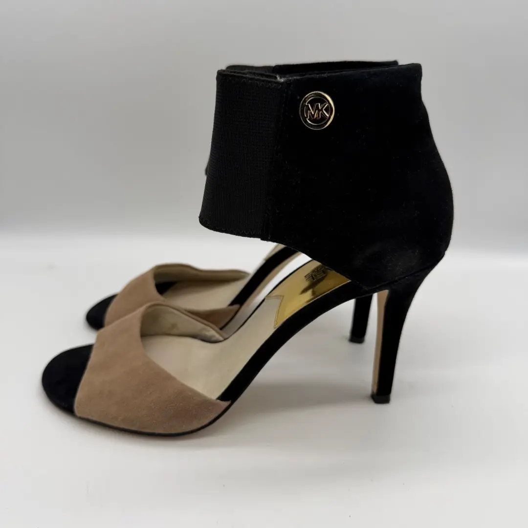 Michael Kors Sivian 黑色棕褐色麂皮绒踝带 d'Orsay 靴子高跟鞋女式 9.5M-