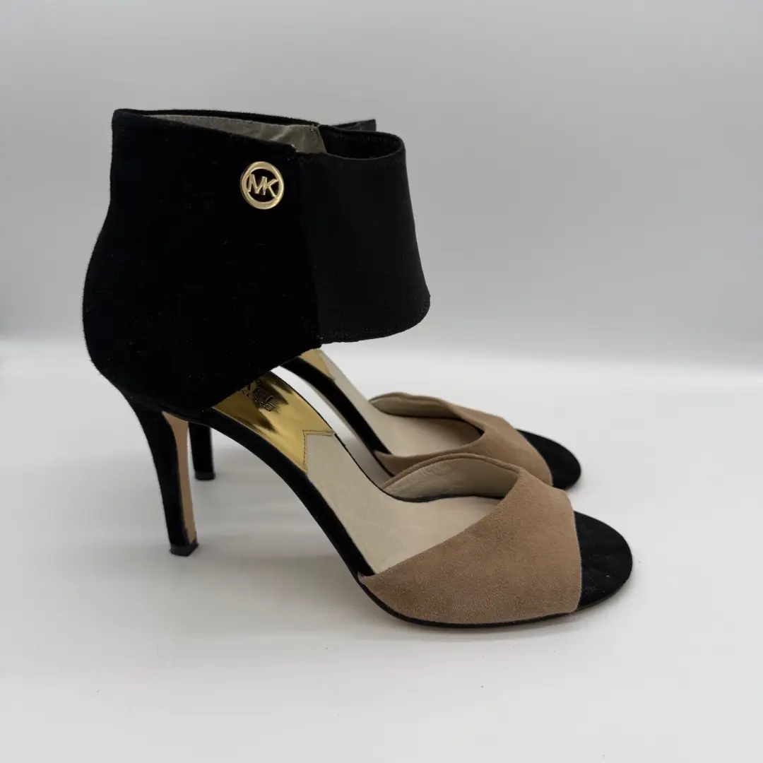 Michael Kors Sivian 黑色棕褐色麂皮绒踝带 d'Orsay 靴子高跟鞋女式 9.5M-