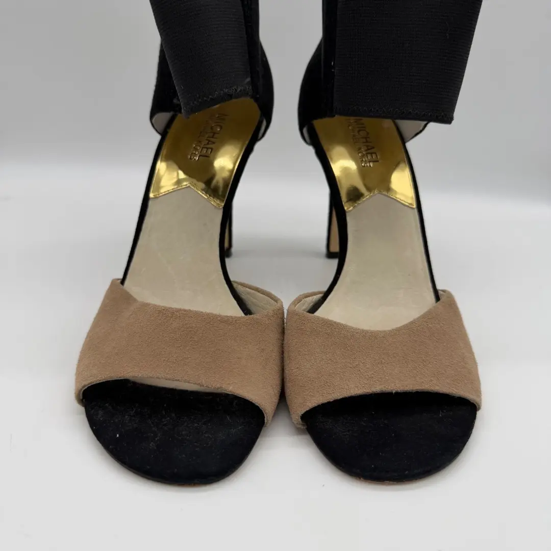 Michael Kors Sivian 黑色棕褐色麂皮绒踝带 d'Orsay 靴子高跟鞋女式 9.5M-