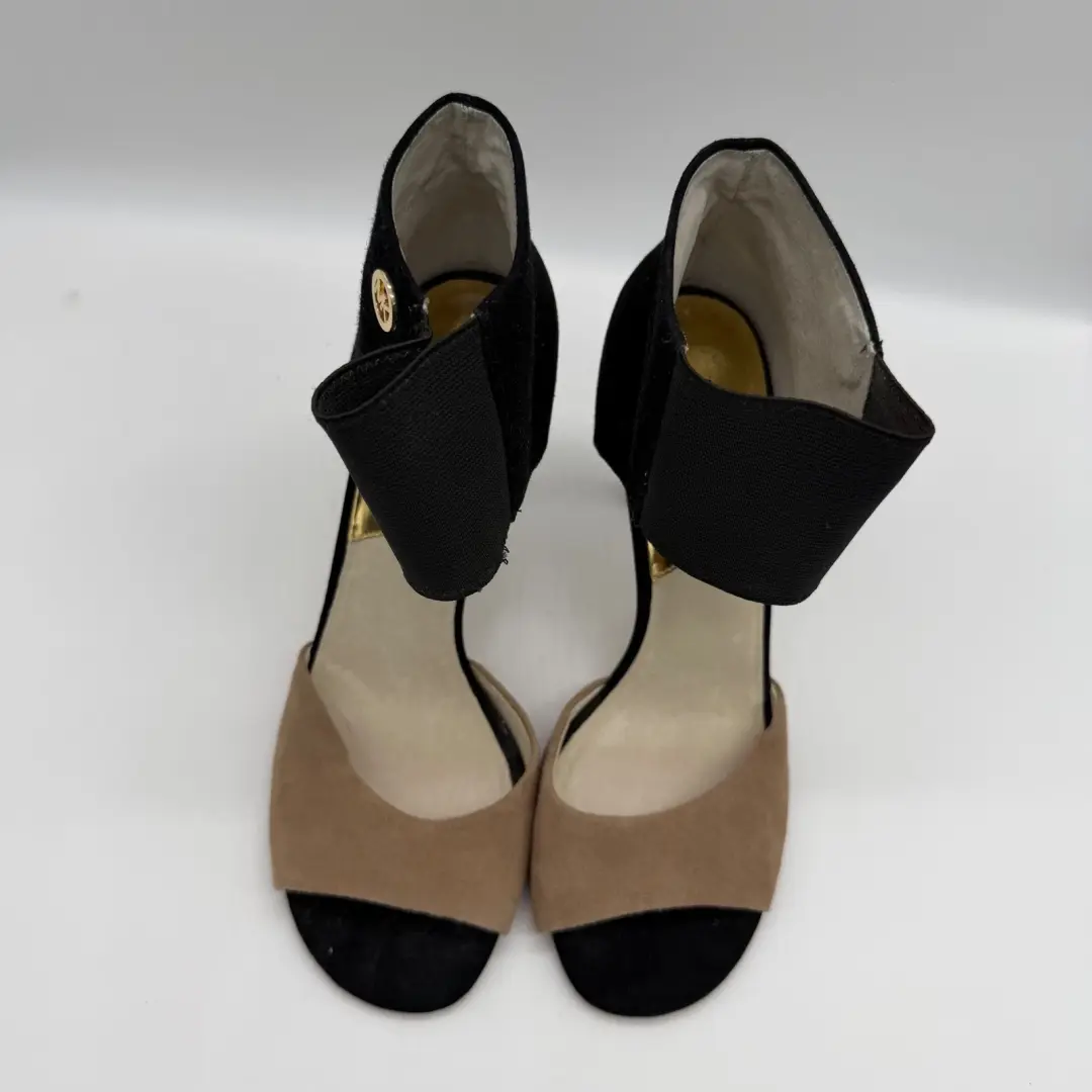 Michael Kors Sivian 黑色棕褐色麂皮绒踝带 d'Orsay 靴子高跟鞋女式 9.5M-