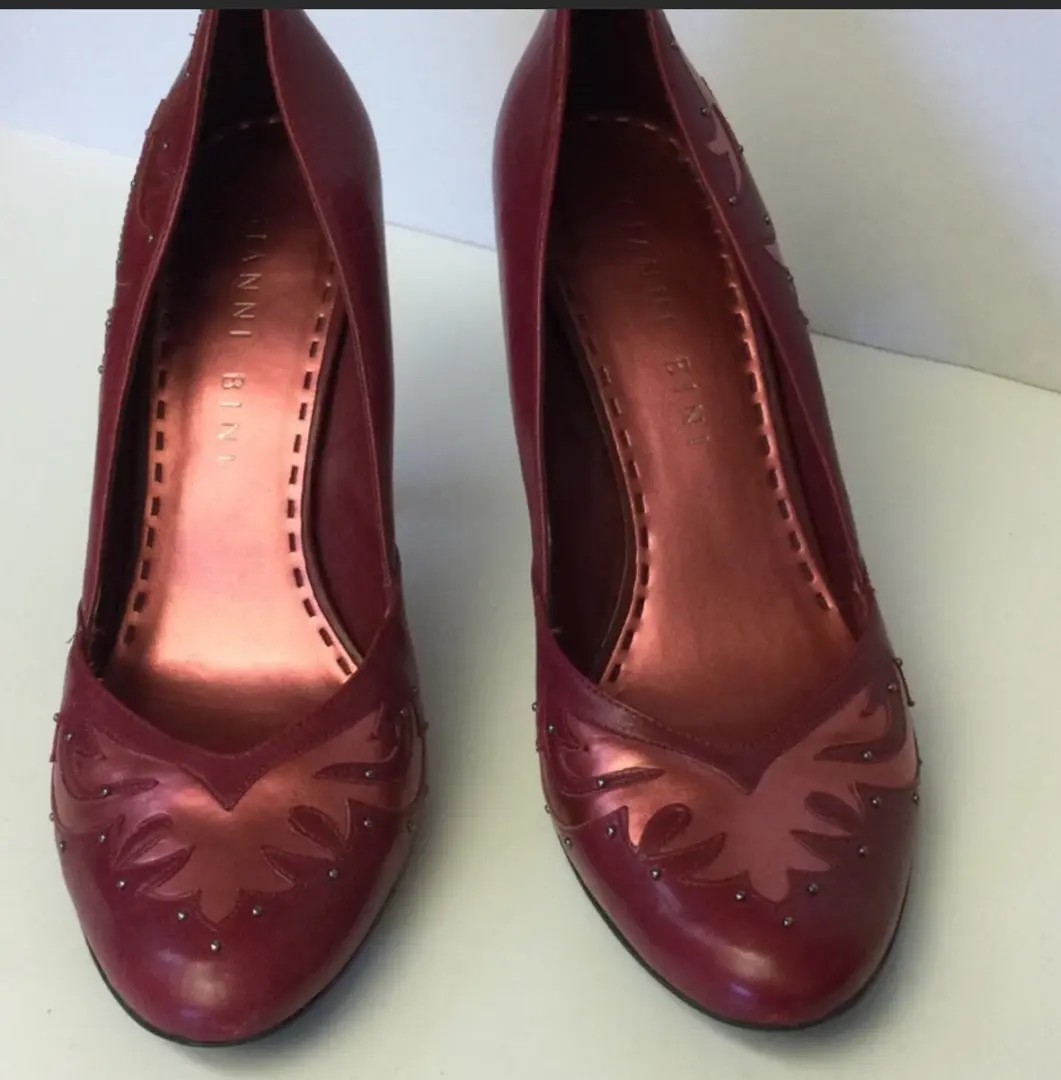 GIANNI BINI 红色皮革火焰镂空玫瑰粉红色高跟鞋 9 码二手状况完好-