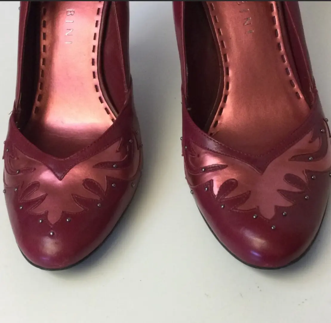 GIANNI BINI 红色皮革火焰镂空玫瑰粉红色高跟鞋 9 码二手状况完好-