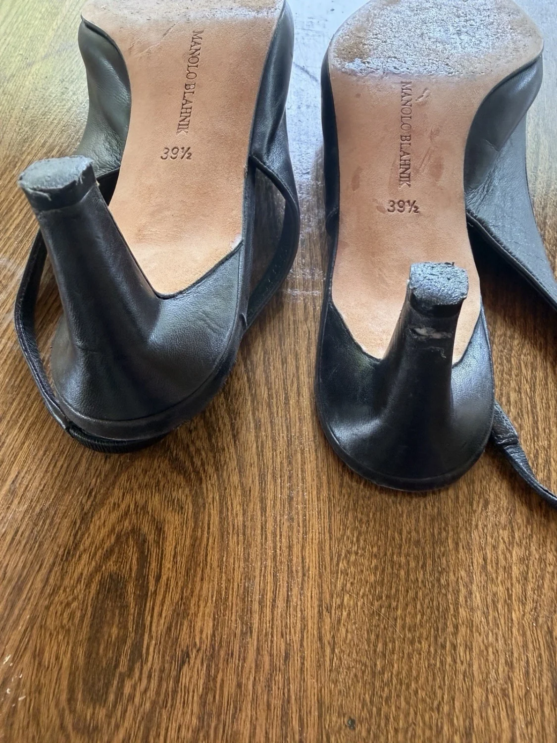 复古 Manolo Blahnik 黑色皮革露背小猫高跟鞋 39.5 码意大利-
