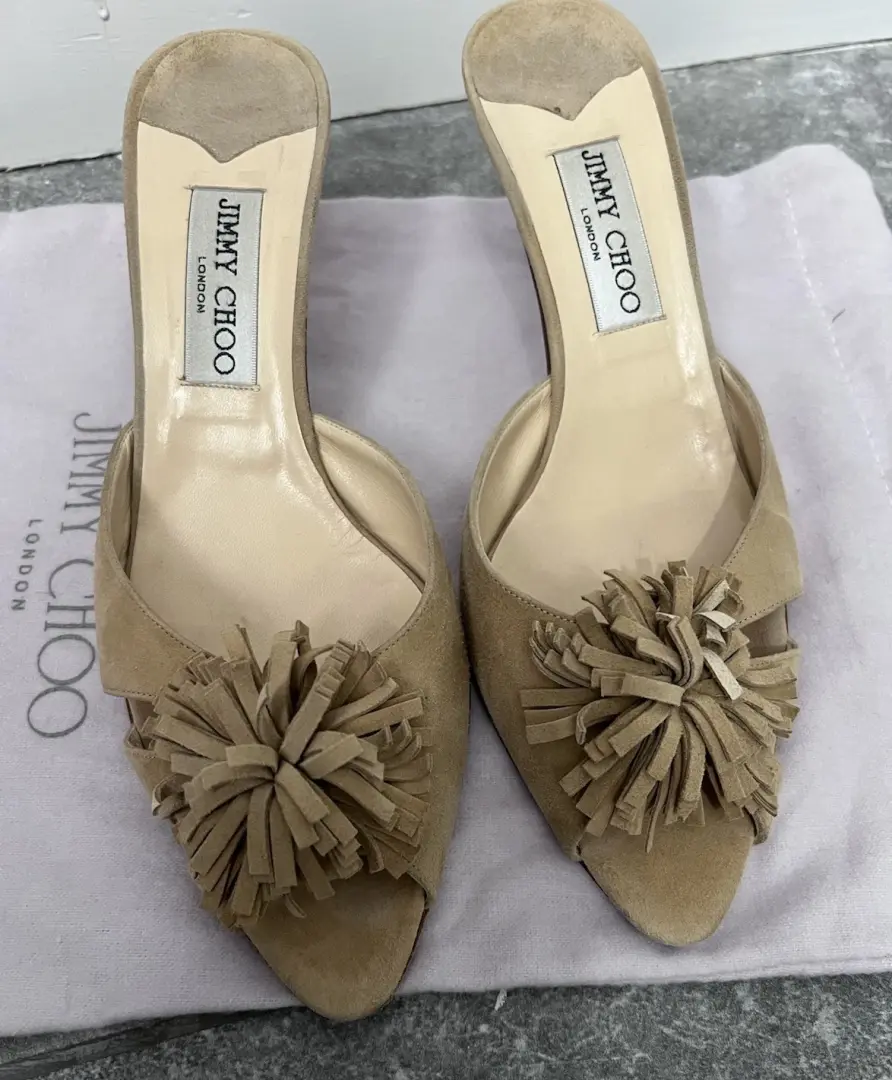 Jimmy Choo 米色 Pom 绒面革裸跟穆勒鞋 38.5 二手-
