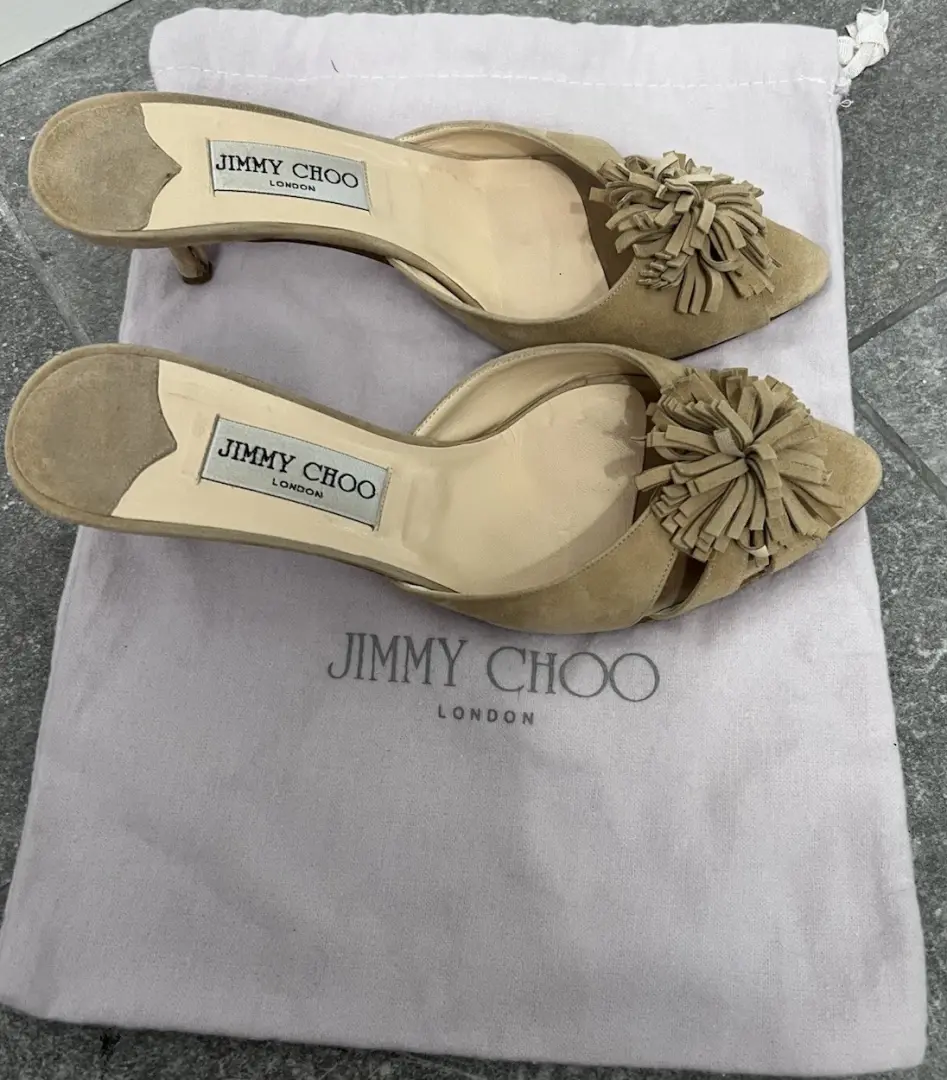 Jimmy Choo 米色 Pom 绒面革裸跟穆勒鞋 38.5 二手-