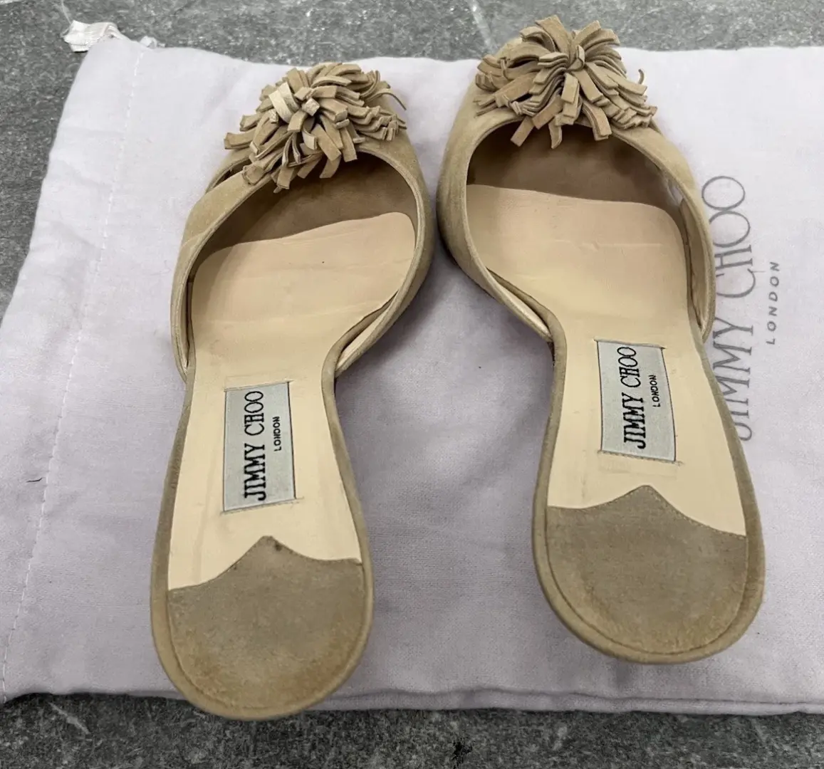 Jimmy Choo 米色 Pom 绒面革裸跟穆勒鞋 38.5 二手-