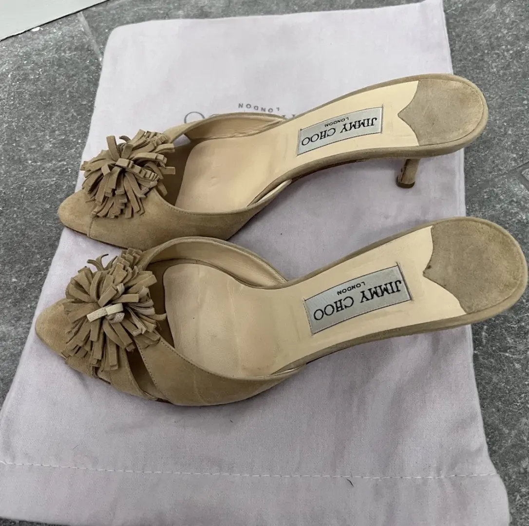 Jimmy Choo 米色 Pom 绒面革裸跟穆勒鞋 38.5 二手-