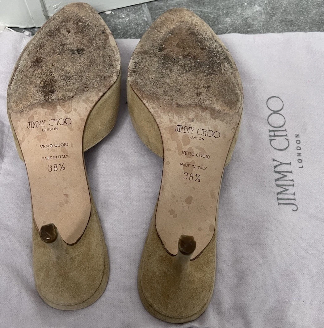 Jimmy Choo 米色 Pom 绒面革裸跟穆勒鞋 38.5 二手-