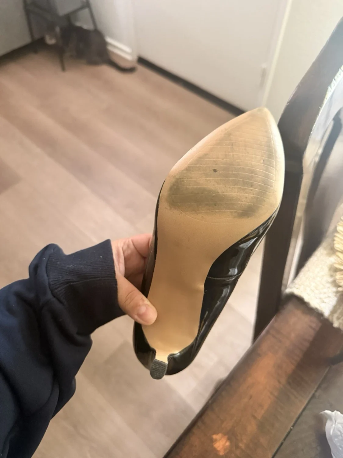 女式黑色漆皮尖头细高跟鞋懒人高跟鞋-