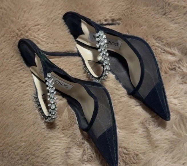 Jimmy Choo 黑色网眼水晶装饰尖头露跟高跟鞋-