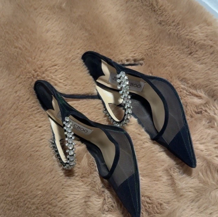 Jimmy Choo 黑色网眼水晶装饰尖头露跟高跟鞋-