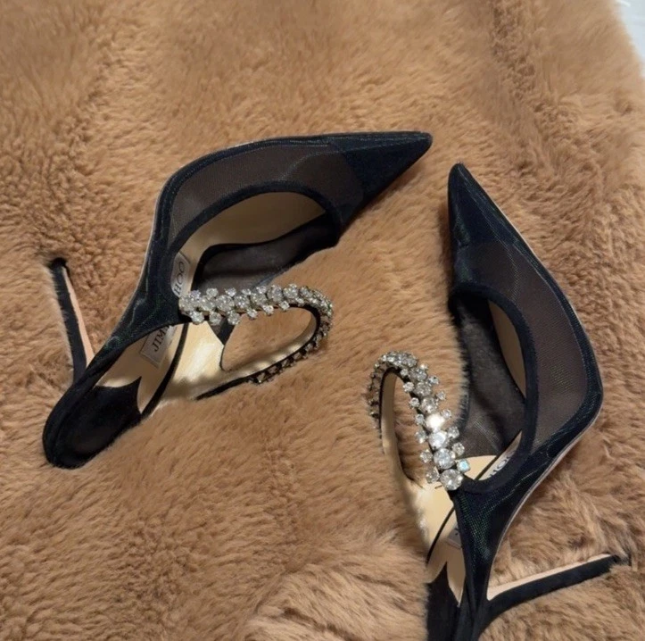 Jimmy Choo 黑色网眼水晶装饰尖头露跟高跟鞋-