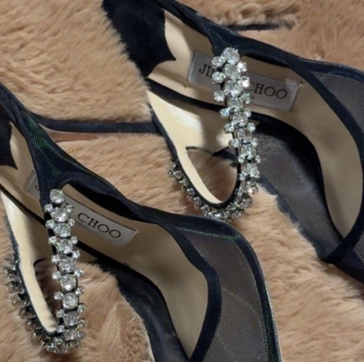 Jimmy Choo 黑色网眼水晶装饰尖头露跟高跟鞋-