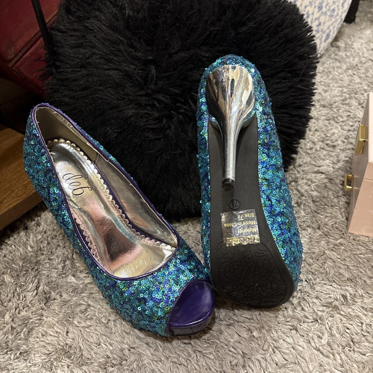 DEB SHOPS 女式 7.5 细高跟鞋露趾绿松石紫色亮片 - 免费送货!-