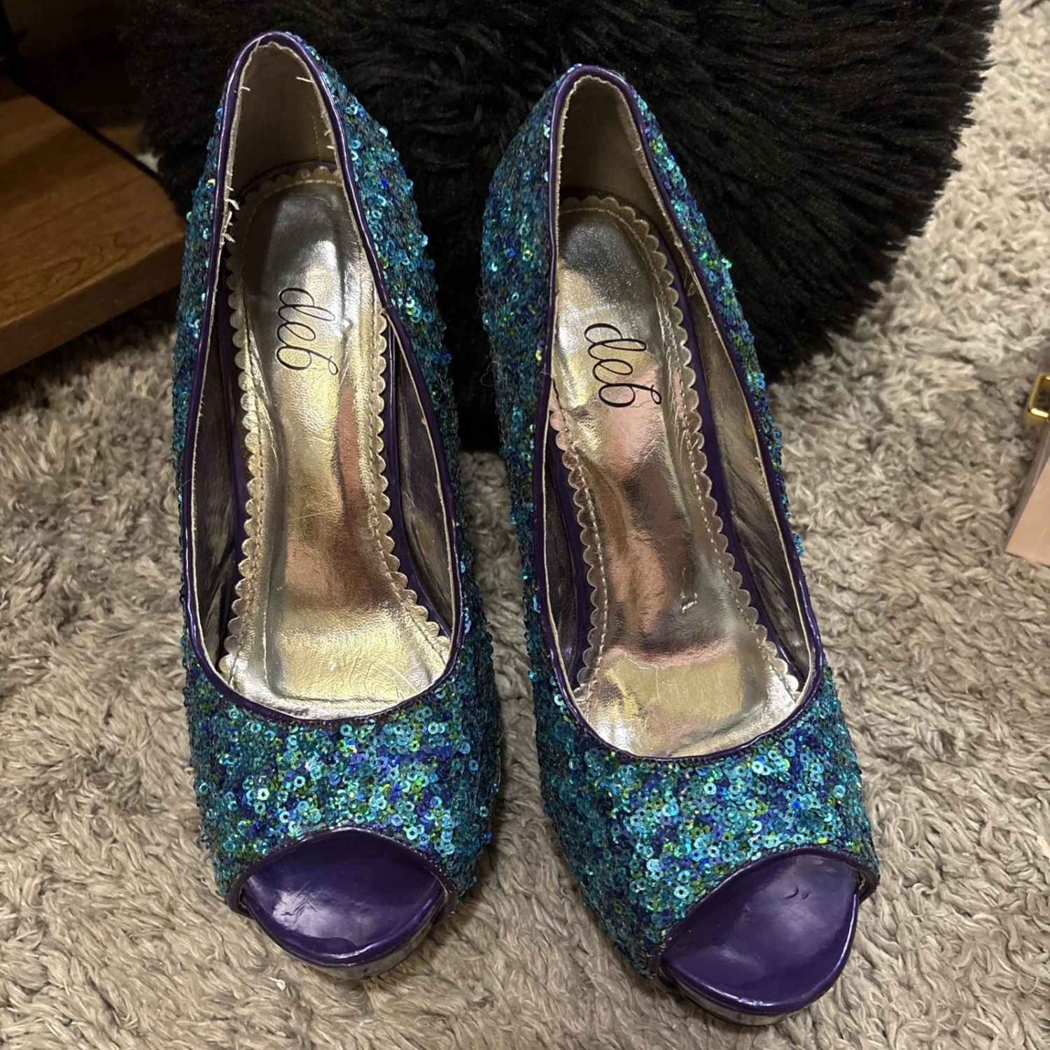 DEB SHOPS 女式 7.5 细高跟鞋露趾绿松石紫色亮片 - 免费送货!-