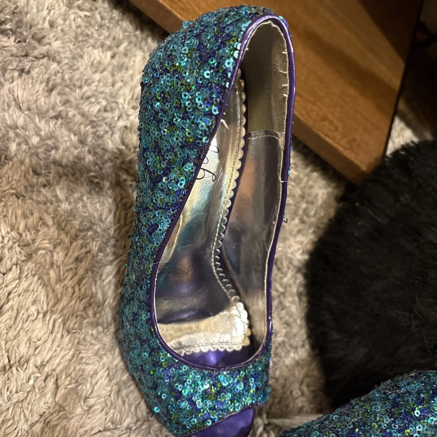 DEB SHOPS 女式 7.5 细高跟鞋露趾绿松石紫色亮片 - 免费送货!-