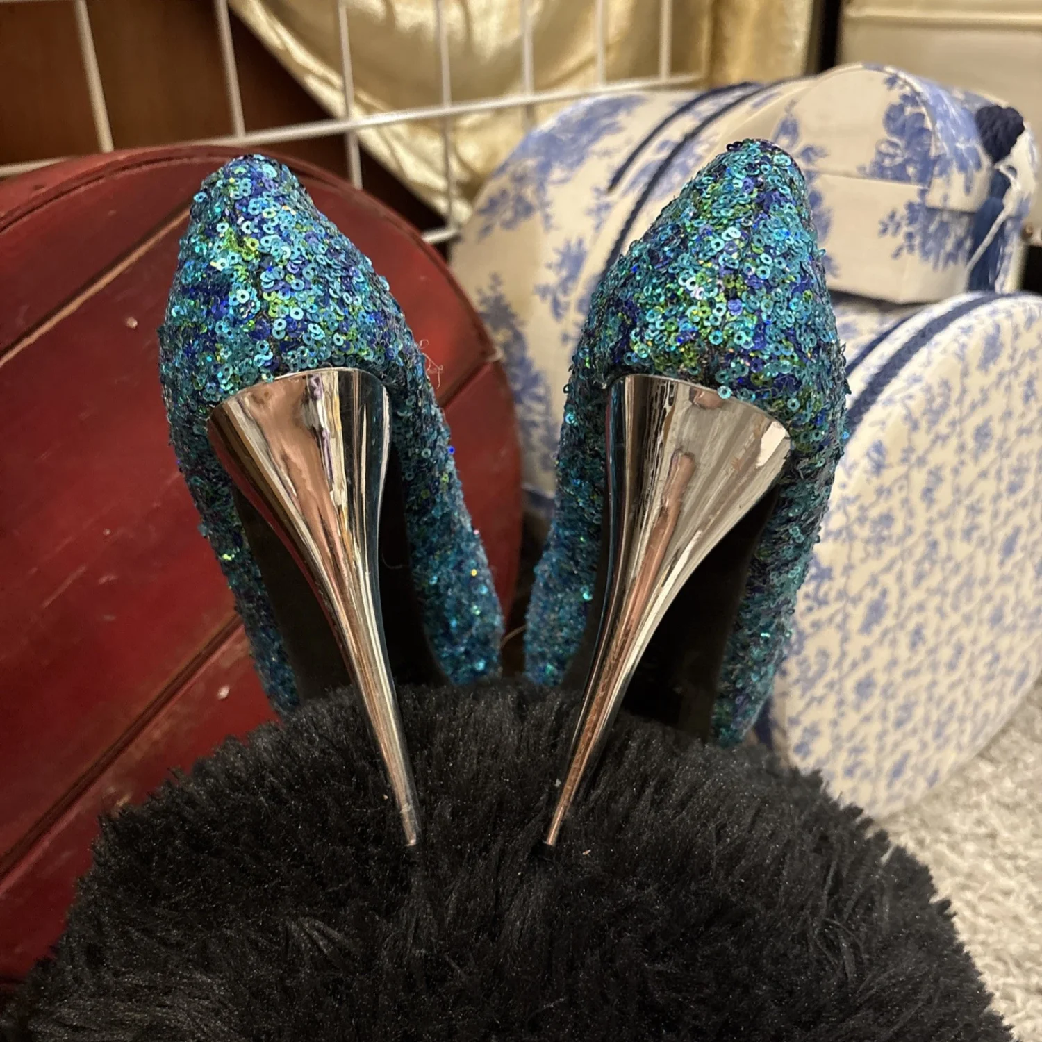 DEB SHOPS 女式 7.5 细高跟鞋露趾绿松石紫色亮片 - 免费送货!-