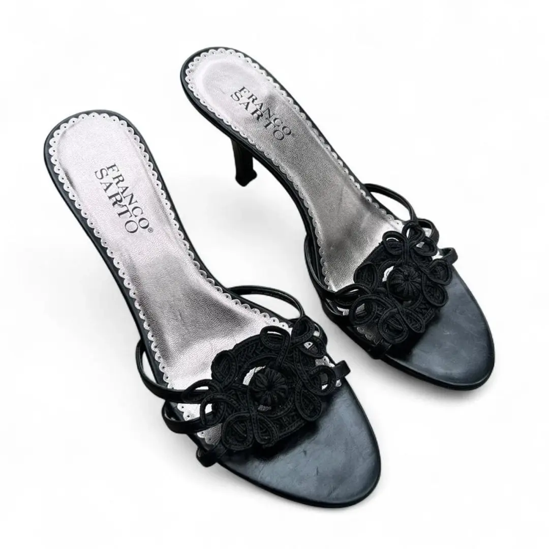 复古 Y2K Franco Sarto 黑色皮革系带高跟鞋 9.5 Witchy Whimsigoth-