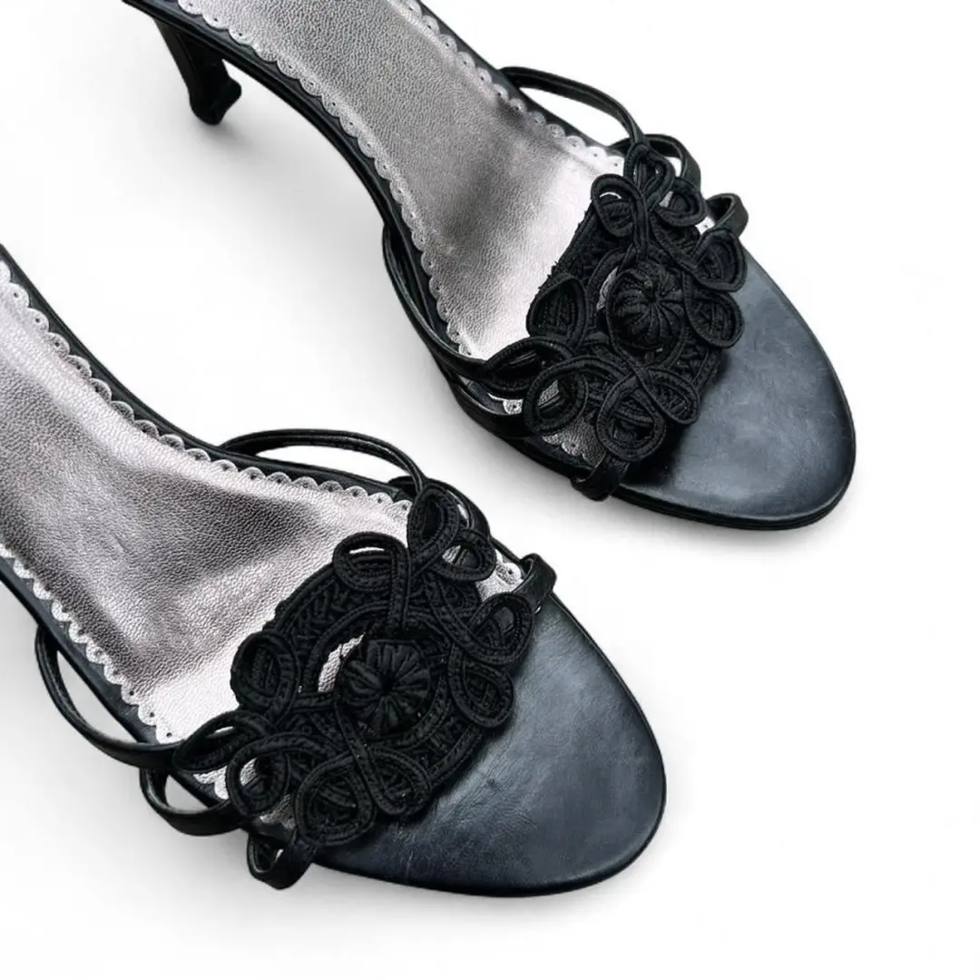 复古 Y2K Franco Sarto 黑色皮革系带高跟鞋 9.5 Witchy Whimsigoth-