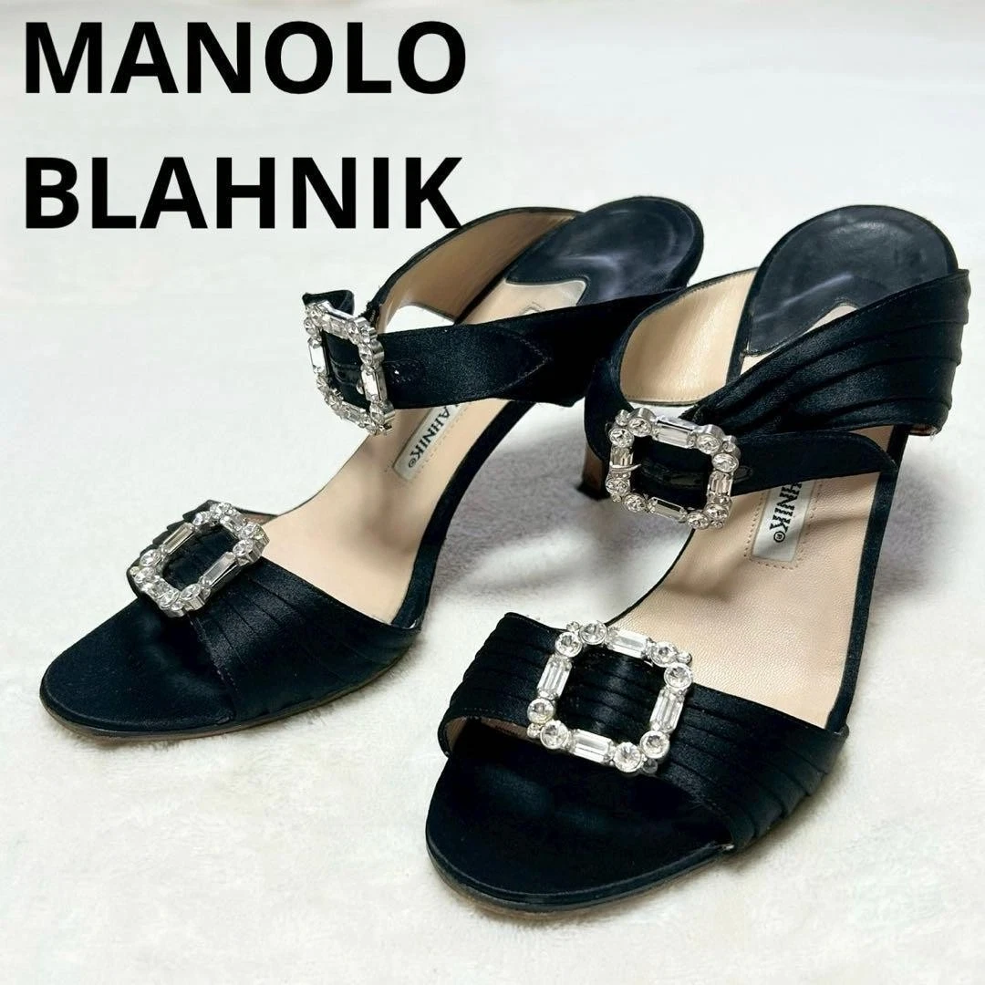 罕见 Manolo Blahnik Hangisi 珠宝缎面高跟鞋凉鞋 36 码黑色-
