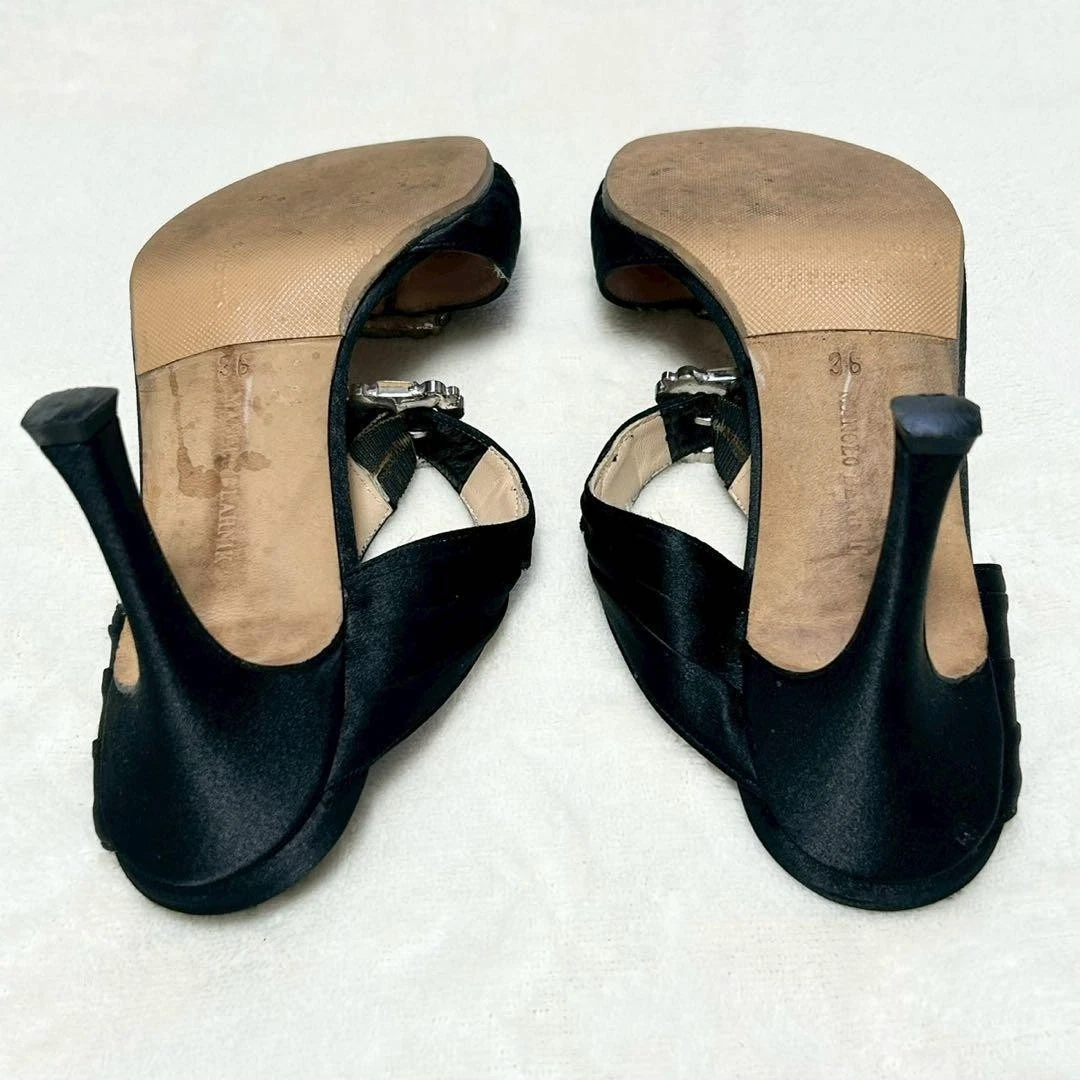 罕见 Manolo Blahnik Hangisi 珠宝缎面高跟鞋凉鞋 36 码黑色-
