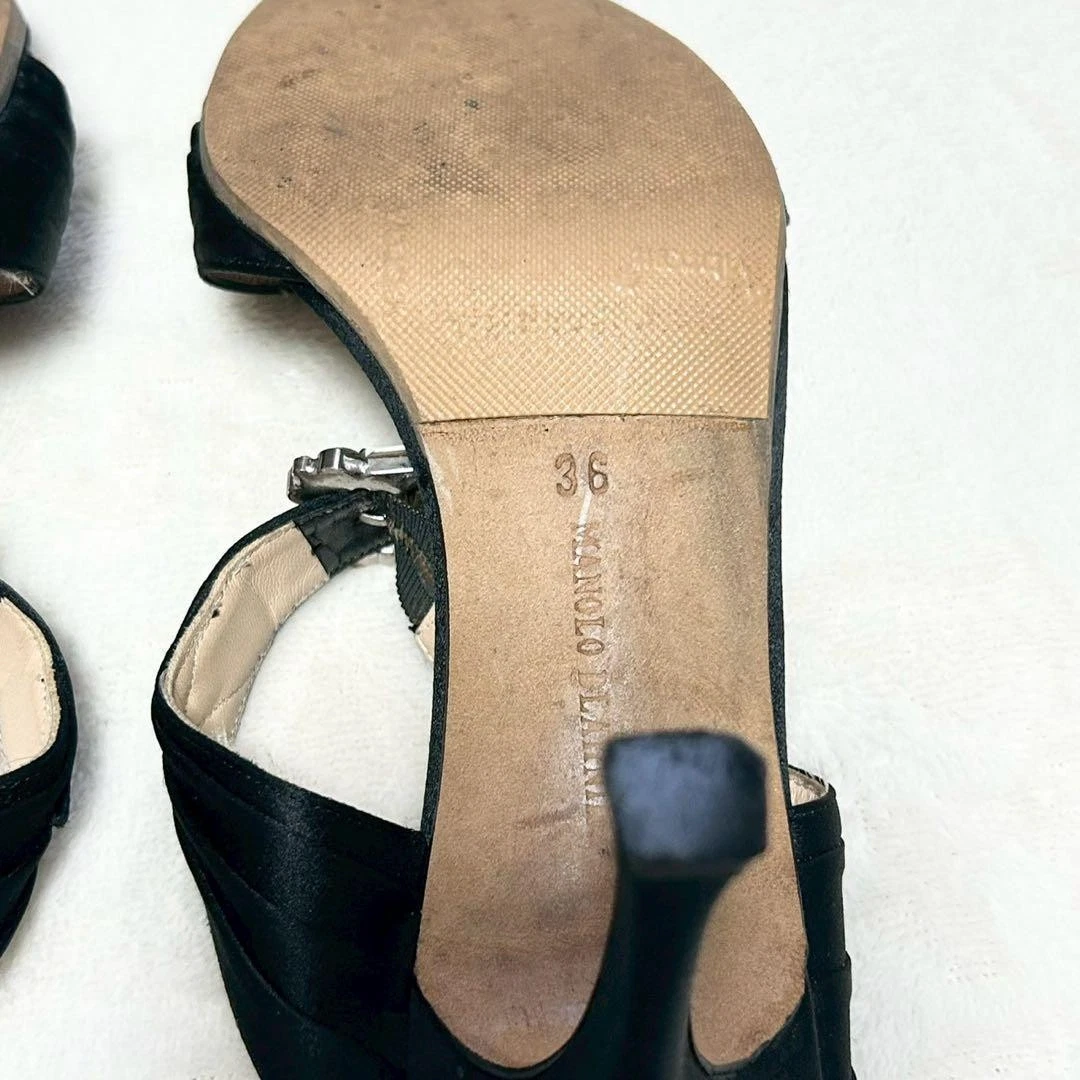 罕见 Manolo Blahnik Hangisi 珠宝缎面高跟鞋凉鞋 36 码黑色-