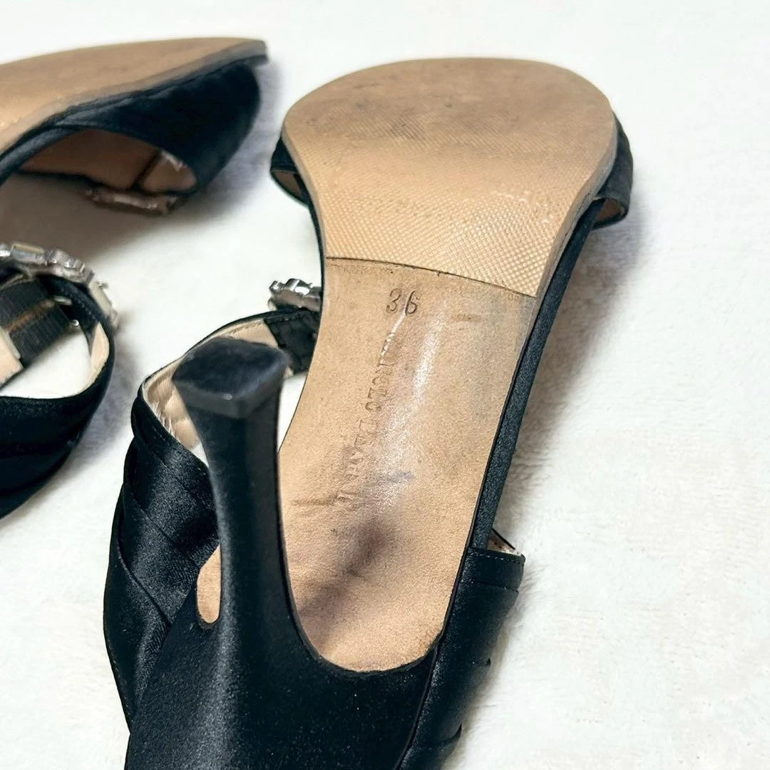 罕见 Manolo Blahnik Hangisi 珠宝缎面高跟鞋凉鞋 36 码黑色-