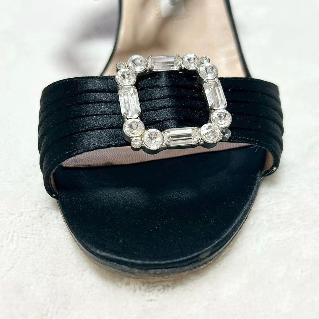 罕见 Manolo Blahnik Hangisi 珠宝缎面高跟鞋凉鞋 36 码黑色-