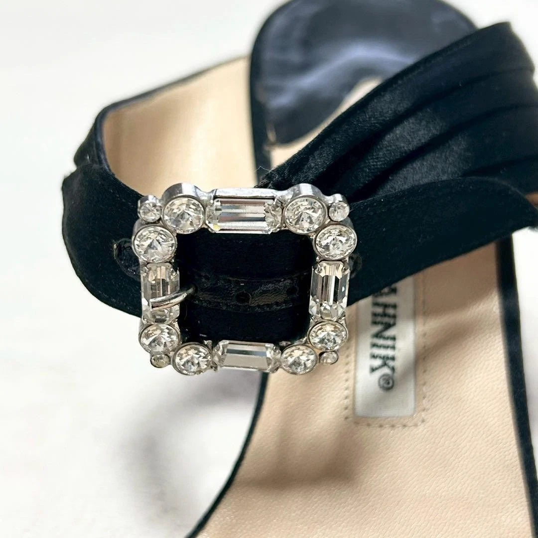 罕见 Manolo Blahnik Hangisi 珠宝缎面高跟鞋凉鞋 36 码黑色-