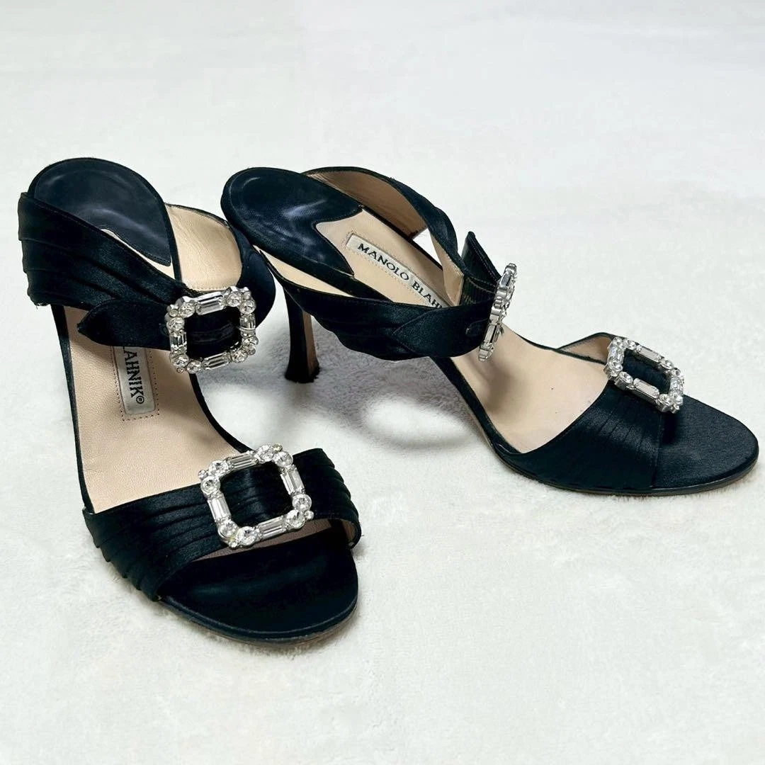 罕见 Manolo Blahnik Hangisi 珠宝缎面高跟鞋凉鞋 36 码黑色-