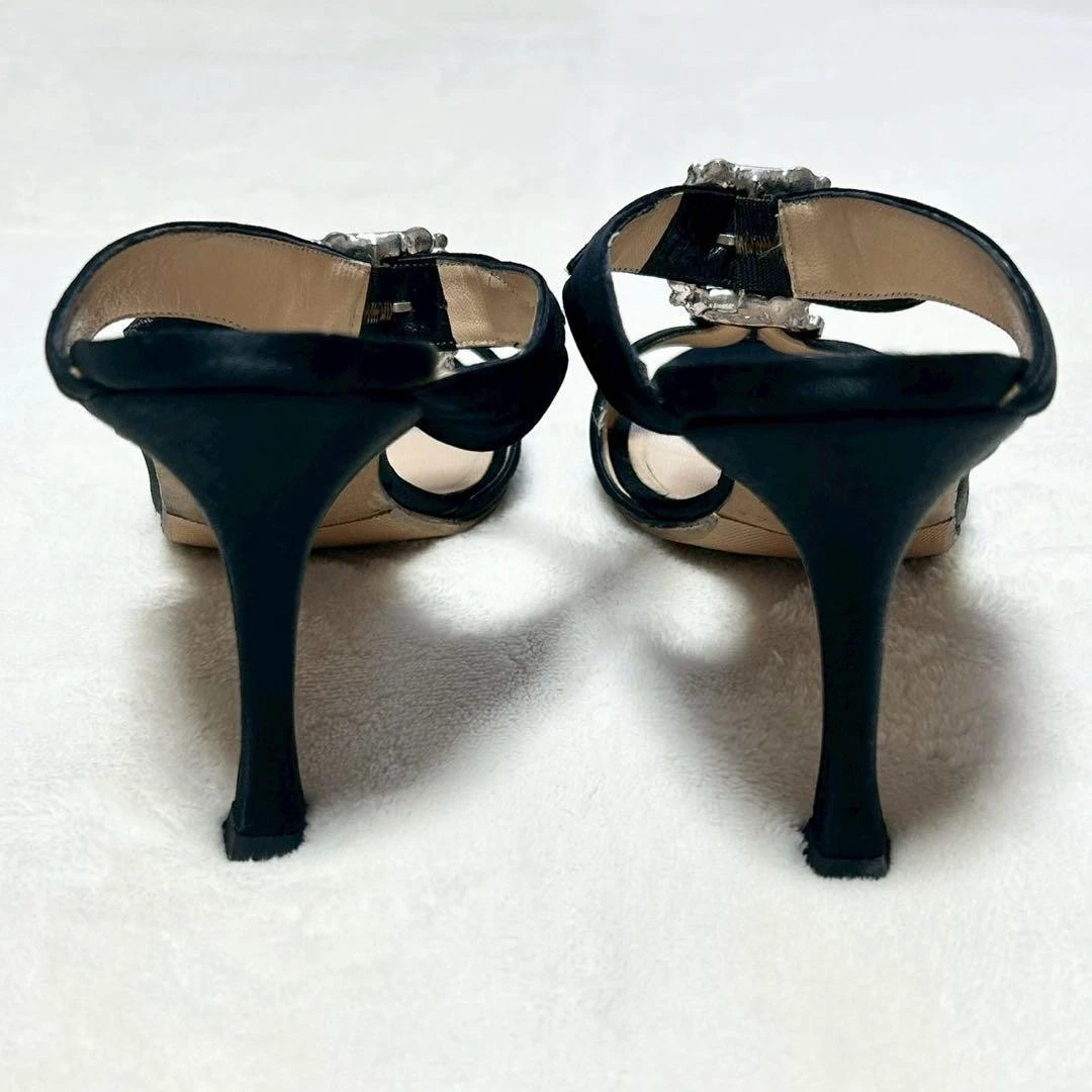 罕见 Manolo Blahnik Hangisi 珠宝缎面高跟鞋凉鞋 36 码黑色-