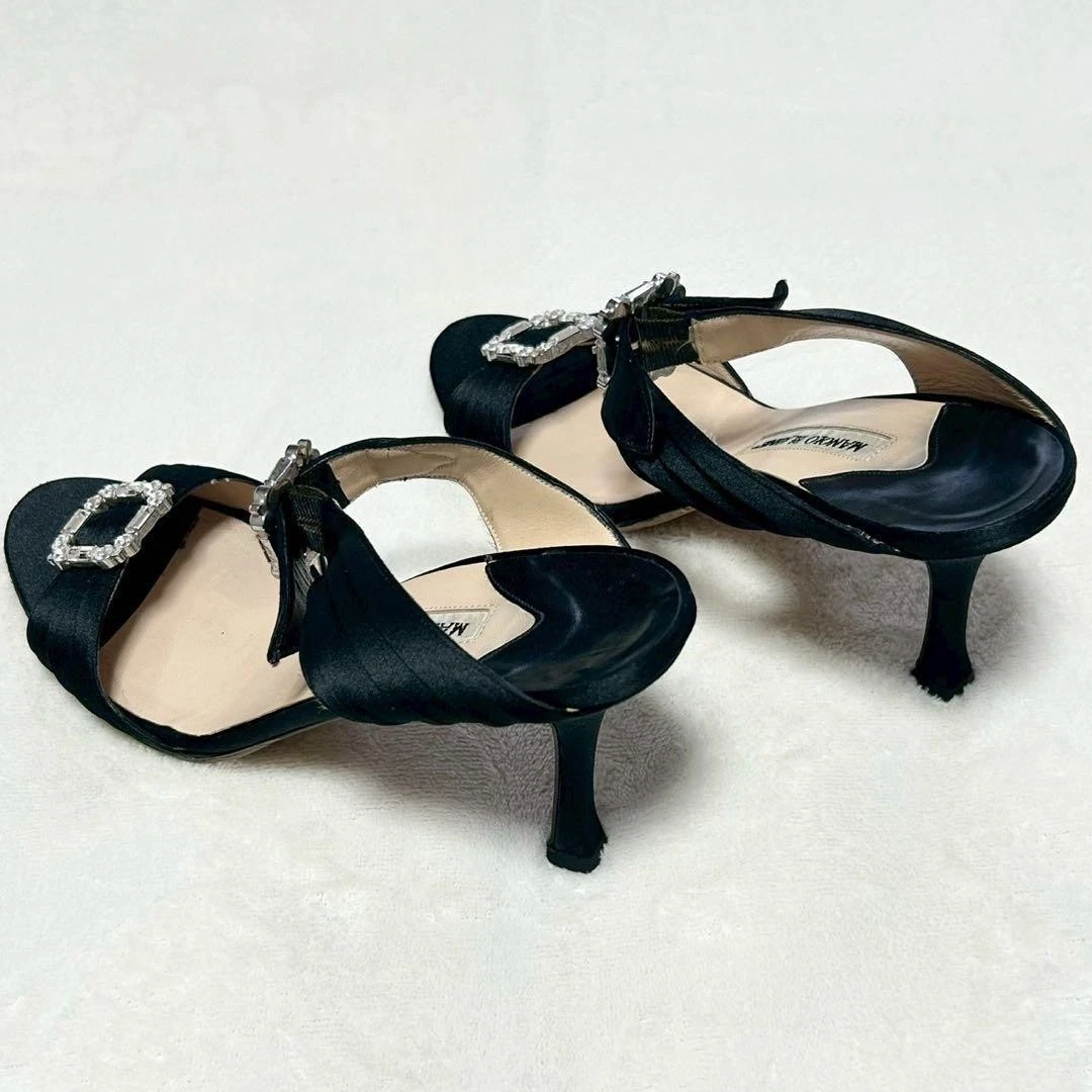 罕见 Manolo Blahnik Hangisi 珠宝缎面高跟鞋凉鞋 36 码黑色-