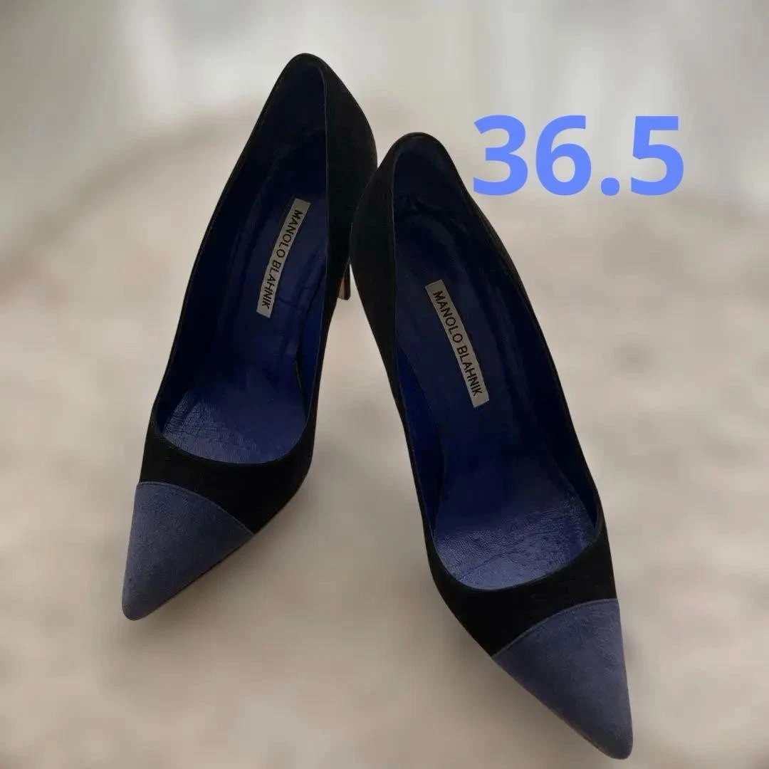 罕见 Manolo Blahnik 麂皮绒尖头皇家蓝色高跟鞋 36.5 码-