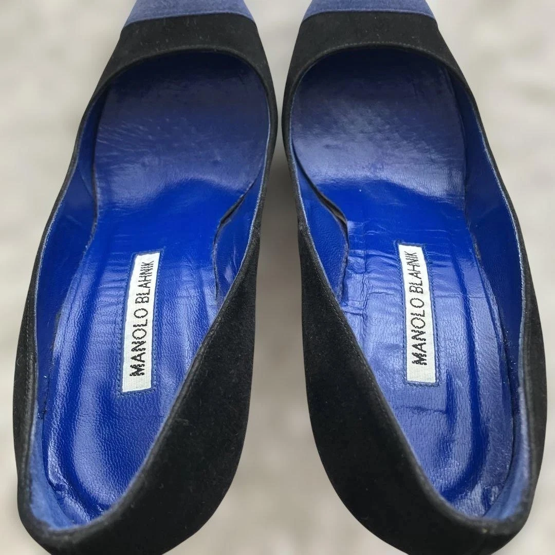 罕见 Manolo Blahnik 麂皮绒尖头皇家蓝色高跟鞋 36.5 码-
