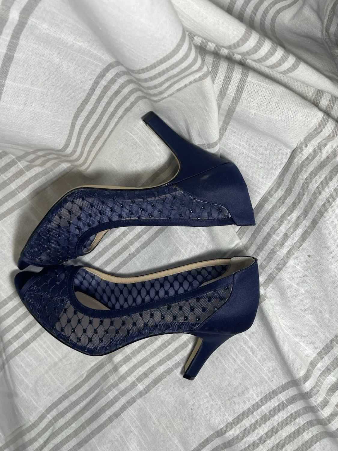 Nina 海军蓝网纱缎面串珠露趾细高跟鞋一脚蹬高跟鞋 EU 39-