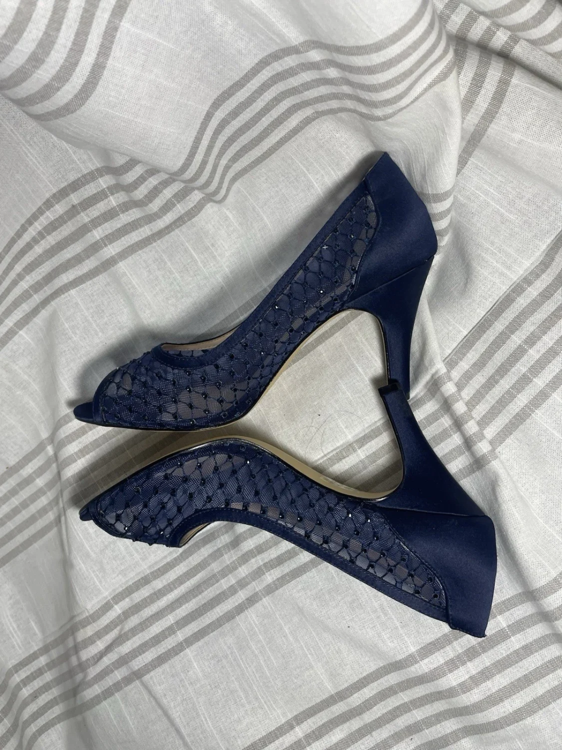 Nina 海军蓝网纱缎面串珠露趾细高跟鞋一脚蹬高跟鞋 EU 39-