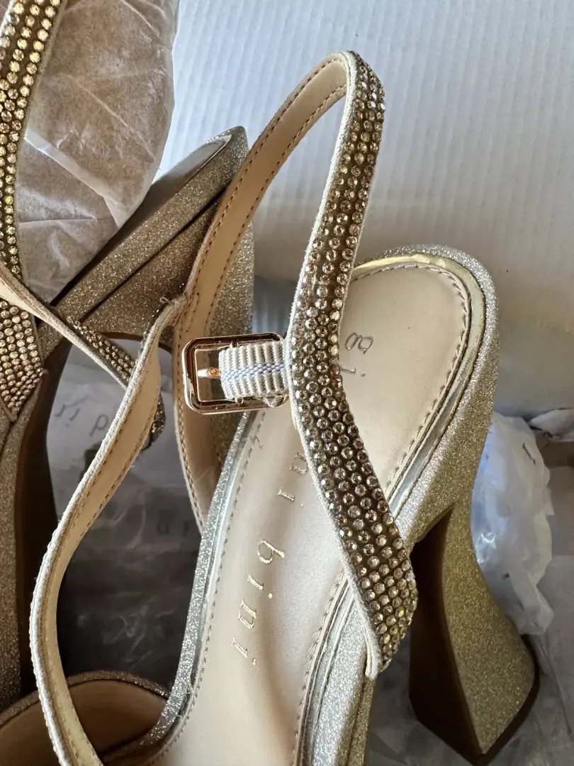 Gianni Bini 金色闪光水钻踝带露趾厚底高跟鞋-