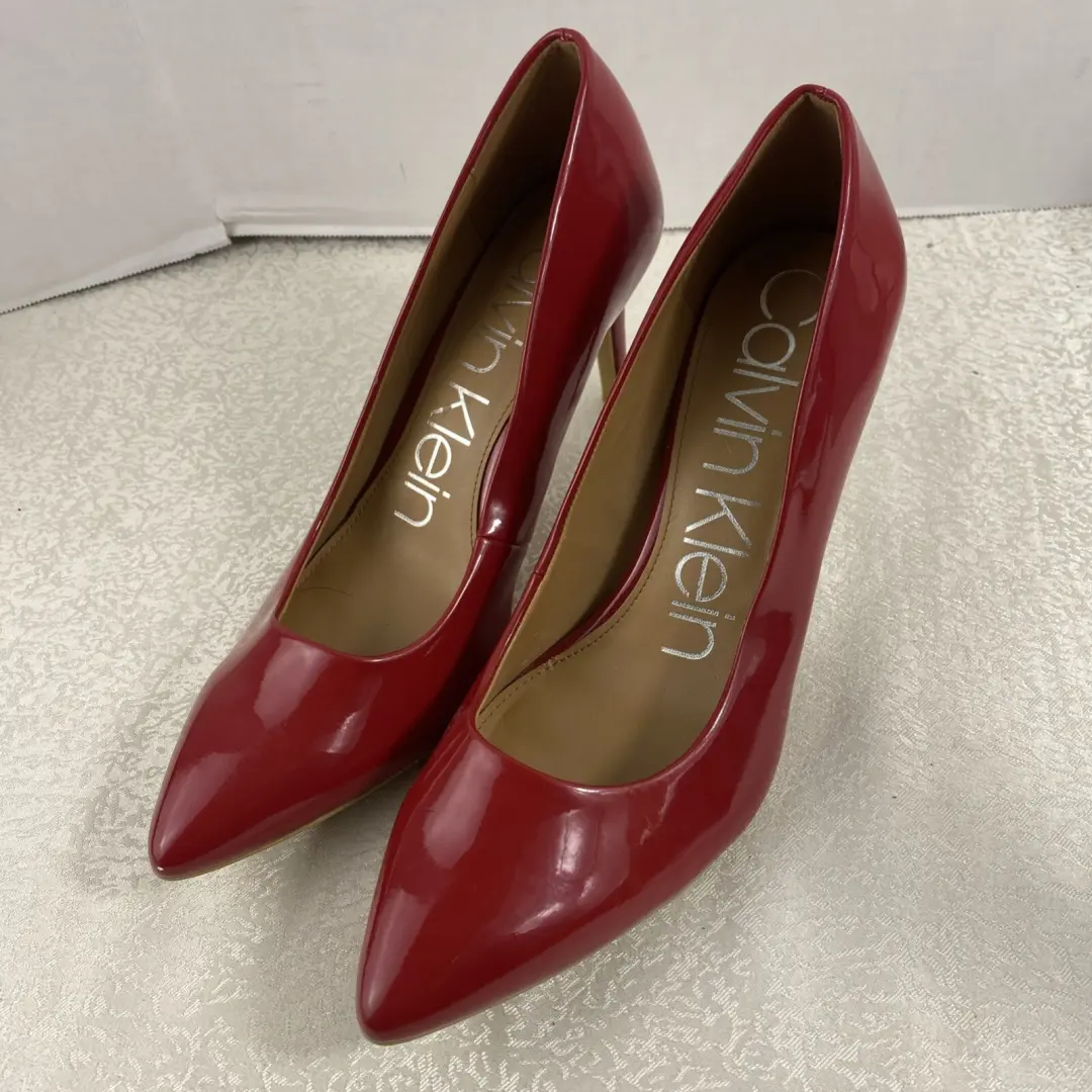 Calvin Klein 红色尖头鞋细跟 8.5 码女式浅口鞋办公室-
