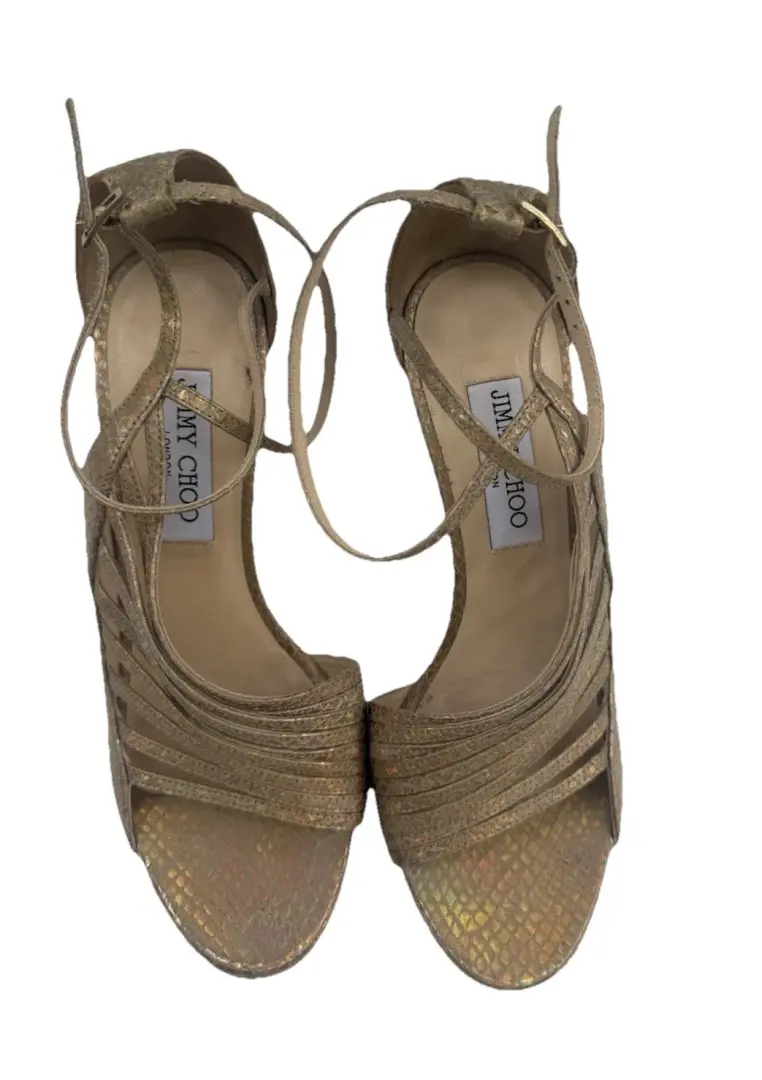 Jimmy Choo 金色金属绑带高跟鞋 37.5/US 7.5 踝婚礼拉斯维加斯夏季-