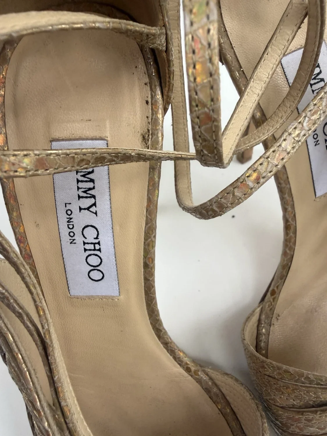 Jimmy Choo 金色金属绑带高跟鞋 37.5/US 7.5 踝婚礼拉斯维加斯夏季-