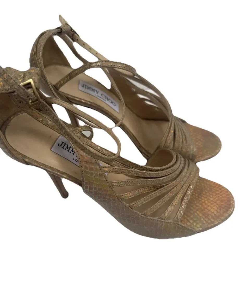Jimmy Choo 金色金属绑带高跟鞋 37.5/US 7.5 踝婚礼拉斯维加斯夏季-
