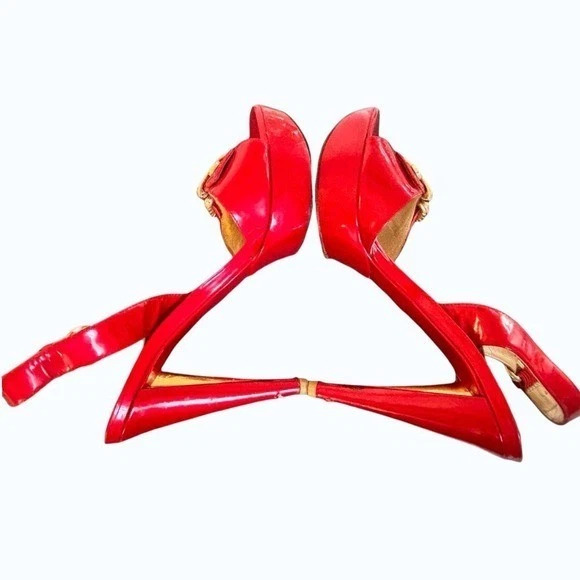 罕见 复古 Y2K Stuart Weitzman 樱桃红色金色扣露跟 7.5-