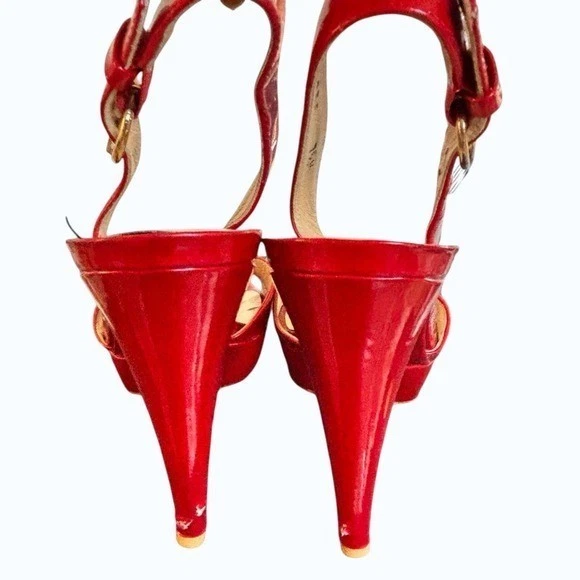 罕见 复古 Y2K Stuart Weitzman 樱桃红色金色扣露跟 7.5-