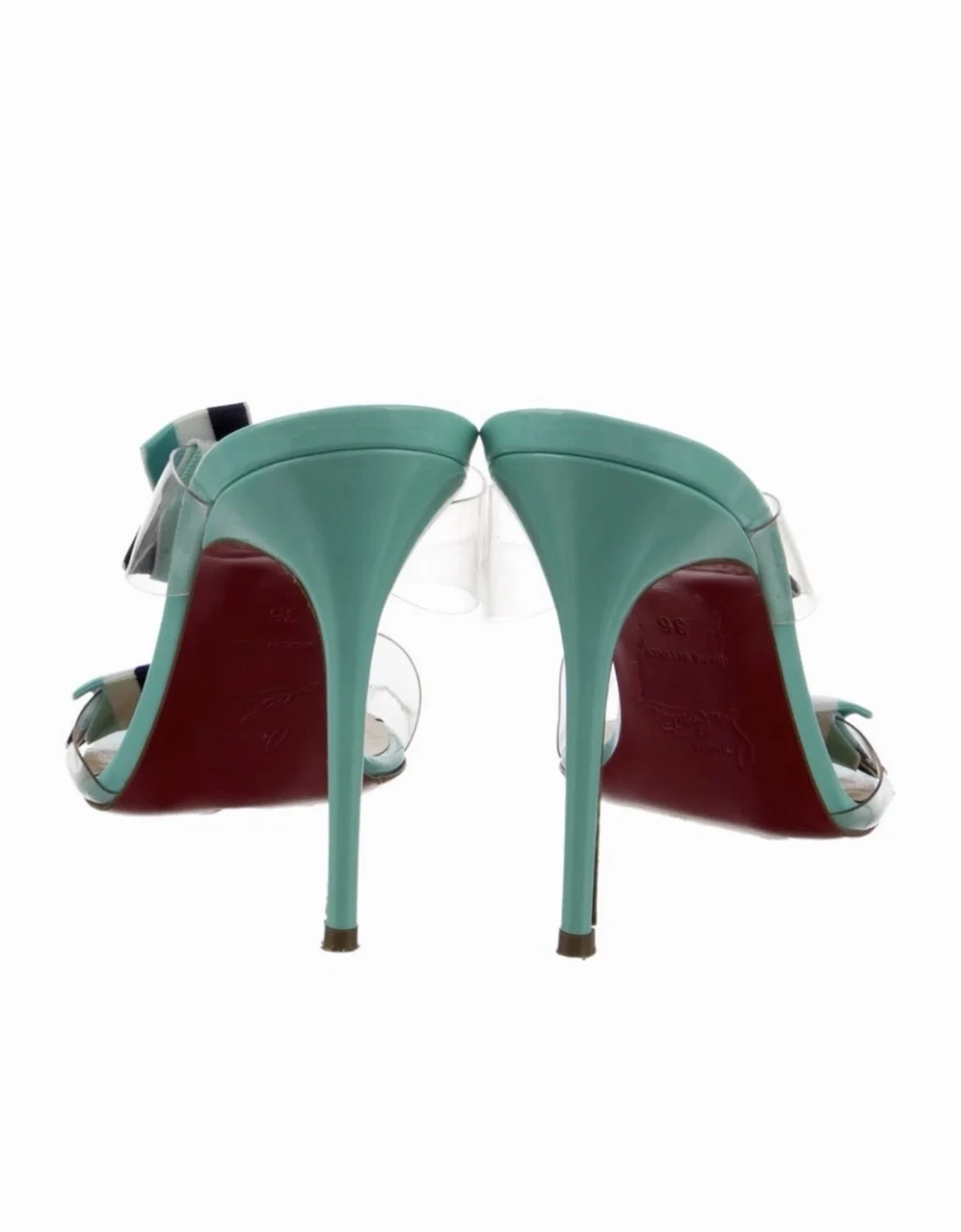 Christian Louboutin 蝴蝶结高跟鞋绿松石透明肩带 6 码-