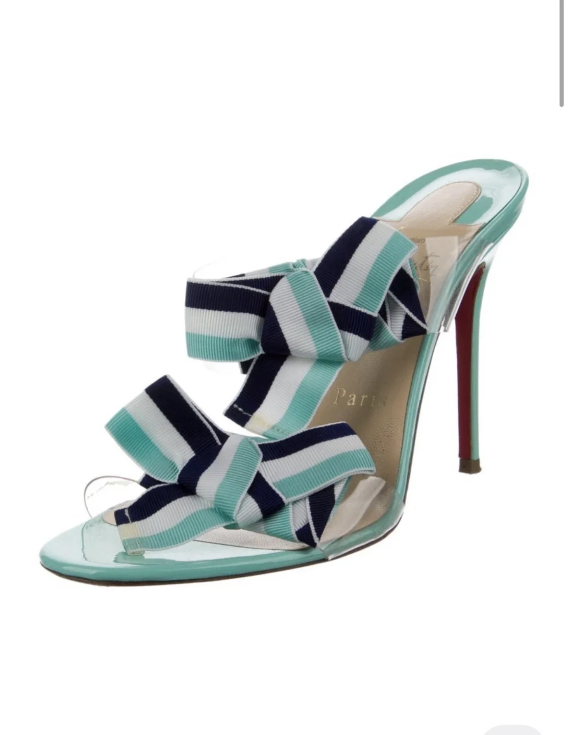 Christian Louboutin 蝴蝶结高跟鞋绿松石透明肩带 6 码-