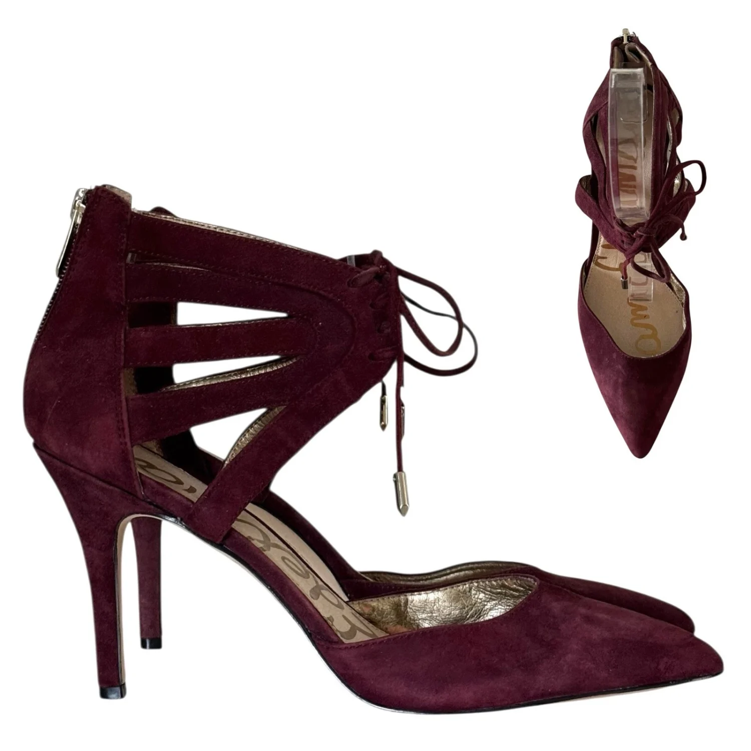 Sam Edelman 勃艮第麂皮绒系带笼尖头高跟鞋 US 9M EUR 40-