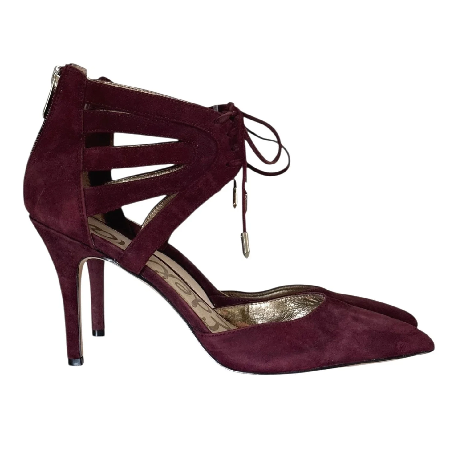 Sam Edelman 勃艮第麂皮绒系带笼尖头高跟鞋 US 9M EUR 40-